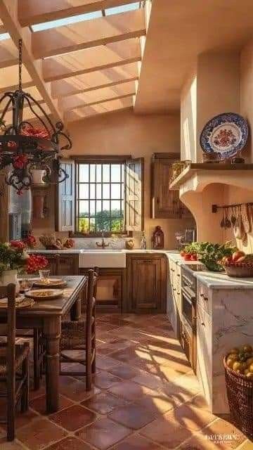 Italian Home Kitchen, Terracota Kitchen Design, Mediterranean House Kitchen, Mediterranean Kitchen Design Rustic, Meditteranean Kitchen, Meditarian House, Italian Villa Kitchen, Rustic Mediterranean Kitchen, Modern Mediterranean Kitchen Design