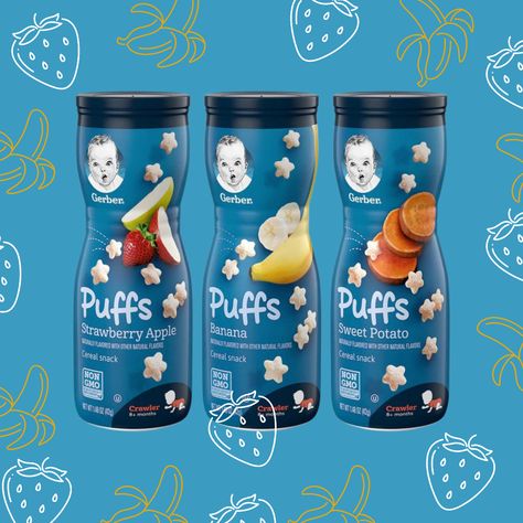 Gerber Puffs, Gerber Snacks, Cereal Snacks, Ads Creative Advertising Ideas, Baby Snacks, Food Pack, Healthy Food Dishes, No Bake Snacks, Snack Box