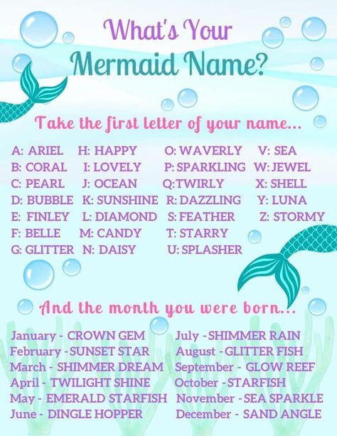 Funny Name Generator, Name Maker, Mermaid Names, Unicorn Names, Birthday Party Games For Kids, Mermaid Crafts, Monster Birthday Parties, Mermaid Theme Birthday, Name Games