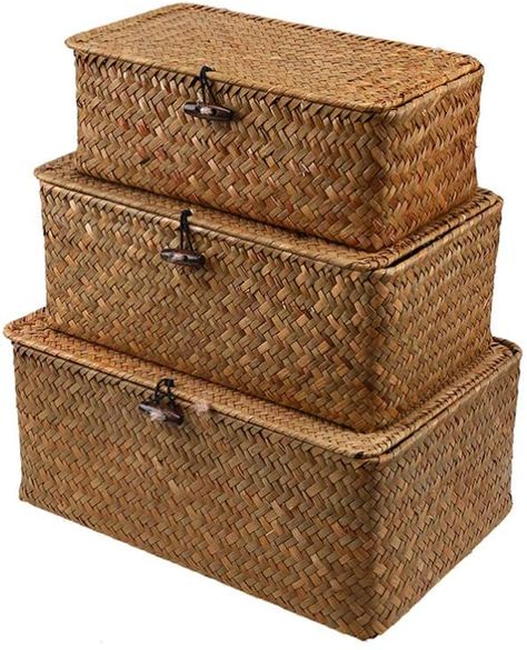 BESPORTBLE 1/3 Pcs Woven Storage Basket with Lid & Button Hand-woven Natural Rattan Desktop Storage Box Storage Basket : Amazon.co.uk: Home & Kitchen House Corridor, Wicker Basket With Lid, Bathroom Balcony, Seagrass Baskets, Baby Jewellery, Seagrass Storage Baskets, Wicker Box, Storage Baskets With Lids, Toy Storage Bins