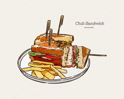 Sandwich With Fries, Sandwich Drawing, Sandwich Platter, Art 101, Club Sandwich, Friends Wallpaper, Draw Sketch, Hand Draw, Vector Stock