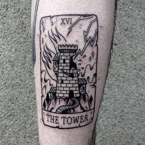 Tower Tarot Tattoo, Dark Tower Tattoo, Dark Tower Art, Tower Tattoo, Traditional Tarot Cards, Crest Tattoo, The Tower Tarot, Woodcut Tattoo, Tarot Card Tattoo