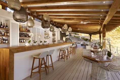 Greece Beach Bars – BayView Beach Restaurant & Bar, Santa Marina Resort & Villas, Mykonos | Beach Bar Bums Beach Restaurant Design, Woods Restaurant, Marina Resort, Beach Restaurant, Greece Beach, Bar Inspiration, Mykonos Greece, Beach Bar, Resort Villa