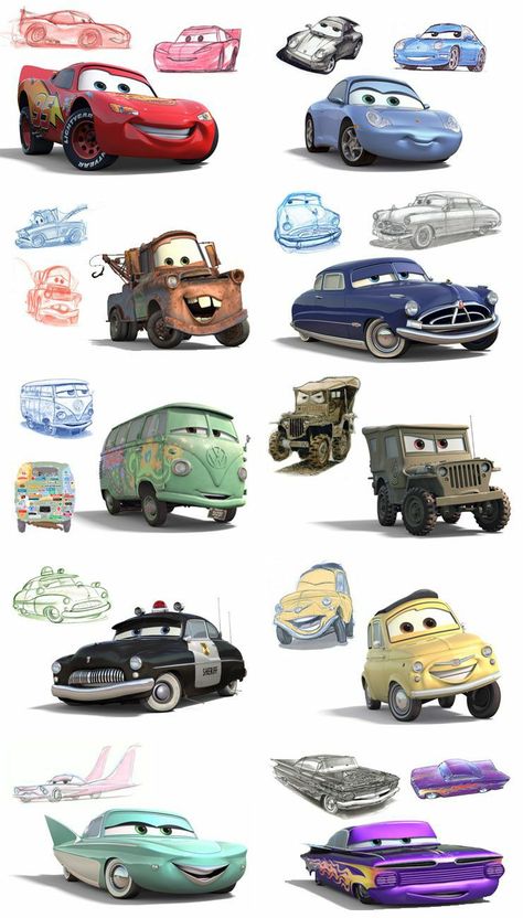 Cars Disney Characters, Disney Pixar Characters Drawings, Cars 2 Characters, Car Character Design, Disney Cars Art, Cars Drawing Disney, Disney Cars Drawing, 4 Cartoon Characters, Pixar Drawings