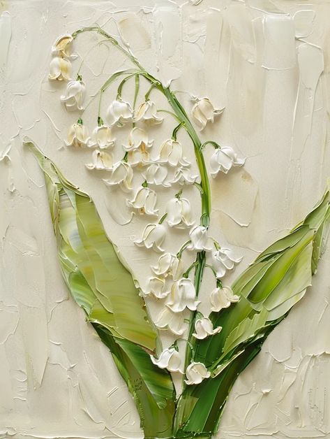 Midjourney AI Image: A thick impasto painting of a bunch of lily of the valley flowers, white hues, a stem with green lea... → more in ai-img-gen.com Valley Painting, Dream Drawing, Lily Of The Valley Flowers, Valley Flowers, Impasto Painting, Flowers White, White Lilies, Off White Color, Lily Of The Valley