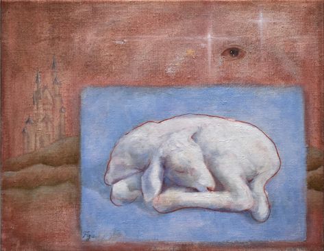 Oil painting by Juliette Vaissière with a sleeping lamb in a blue square, red background with a sky, shining stars, a floating eye, and a castle behind rolling hills. Lamb Aesthetic, Lamb Artwork, Moodboard Painting, Lamb Painting, Lamb Art, Appropriation Art, Project Table, Internet Art, Ap Studio Art