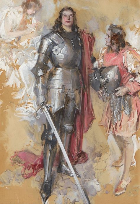 Howard Chandler Christy, The Young Knight, 1911 | murreyandblue Knight Classical Art, Medieval Knight Painting, Medieval Armor Illustration, Chivalry Aesthetic, Arthurian Mythology, Medieval Knight Illustration, Royal Paintings, Duncan The Tall, Famous Illustrators