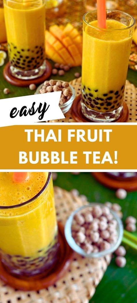 Learn how to make Thai Fruit Bubble Tea at home with chewy boba pearls and fresh fruit flavors. This iced, quick, and easy recipe brings the taste of street food to your kitchen! Mango Milk Tea Recipe, Thai Tea Recipe, Mango Bubble Tea, Fruit Bubble Tea, Thai Tea Recipes, Bubble Tea At Home, Thai Fruit, Easy Thai Recipes, Healthy Thai Recipes