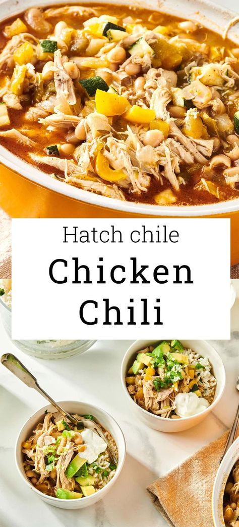 Hatch Chicken Chili / Spicy and flavorful, this chunky white chili features in inimitable taste of Hatch chile peppers from New Mexico. Hatch Chicken Chili, Hatch Chili Chicken Recipes, Spicy Chicken Chili, Hatch Chili Recipes, White Turkey Chili, Chili Spicy, Hatch Chile Recipes, Hatch Peppers, White Chicken Chili Recipe