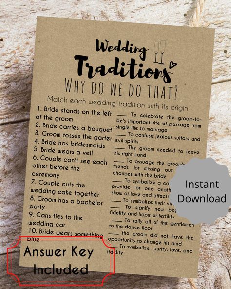 Wedding Tradition Why Do We Do That? Bridal Game Instant download  Printable Fun Icebreaker Game, Cards, Sign. Wedding Funny Rustic Kraft by NaNaPrintables on Etsy Cheap Bridal Shower Games, Work Bridal Shower Games, Co Ed Wedding Shower Games, Coed Bridal Shower Ideas, Bridal Shower Ideas Decorations At Home, Bridal Shower Game Prizes, Unique Bridal Shower Games, Bridal Shower Game Ideas, Wedding Traditions Game