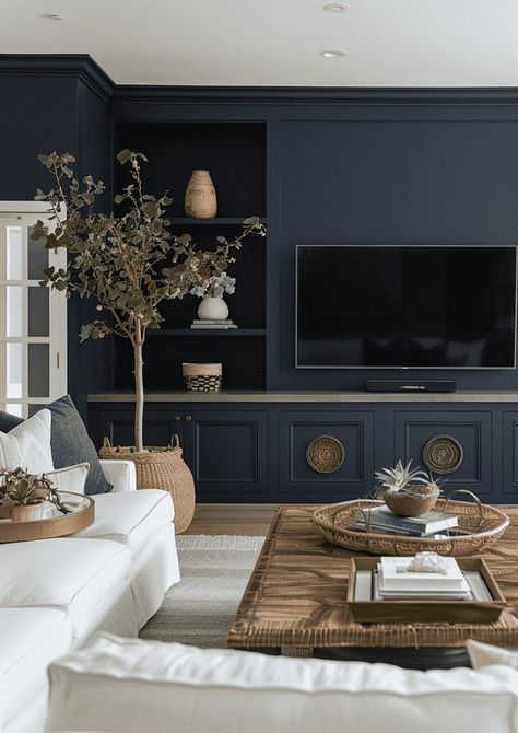 Tv On Dark Accent Wall, Second Living Room Ideas Upstairs, Blue Media Wall, Asymmetrical Tv Wall, Blue Tv Wall, Two Living Room Ideas, Dark Blue Feature Wall, Tv Living Room Ideas, Living Room Design Blue