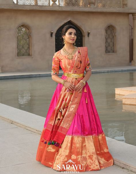 Paithani Half Saree Designs, Paithani Lehangas, Orange Half Saree, Paithani Dress, Paithani Lehenga, Lehenga Silk, Bride Lehenga, Paithani Blouse, Half Saree Function