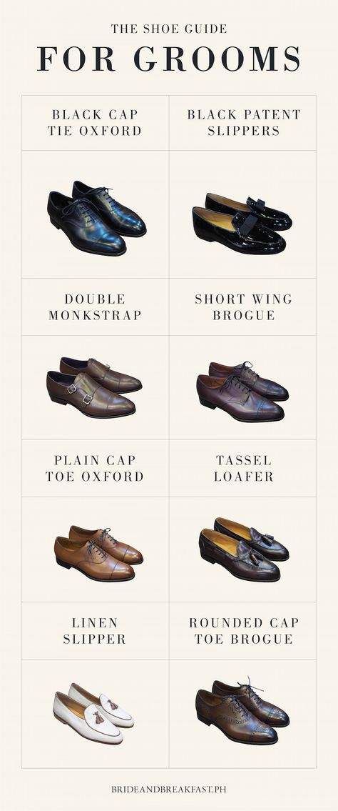 A Shoe Guide for Grooms | http://brideandbreakfast.ph/2017/02/17/a-shoe-guide-for-grooms/ Wedding Shoes Groom Men's, Man Wedding Shoes, Grooms Wedding Shoes, Shoes For Groom Wedding, Beach Wedding Shoes For Men, Men Wedding Shoes Grooms, Groom Shoes Wedding, Shoes For Groom, White Wedding Suits For Men