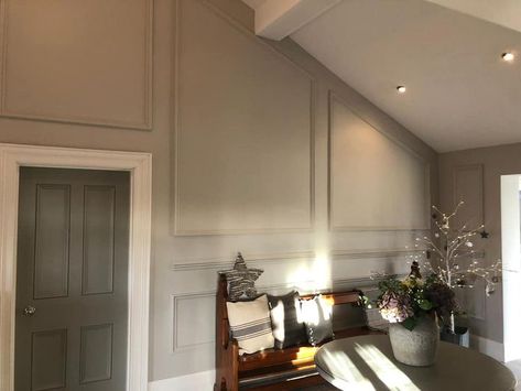 Wall Panelling Sloped Ceiling, Attic Room Paneling, Molding On Slanted Walls, Wainscoting On Vaulted Wall, Wall Paneling Sloped Ceiling, Trim On Slanted Wall, Angled Wall Panelling, Paneling On Angled Wall, Wainscoting Slanted Ceiling