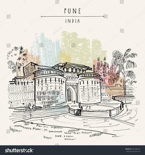 Pune (Puna, Poona), Maharashtra, India. Shaniwar Wada fort, historical place, built in 1732. Travel sketch art. Vintage hand drawn postcard in vectorWada#Shaniwar#fort#place Shaniwar Wada, Vietnamese Culture, Hue Vietnam, Venice Painting, Abstract Pencil Drawings, Travel Journal Scrapbook, Indian Illustration, Bike Drawing, City Sketch