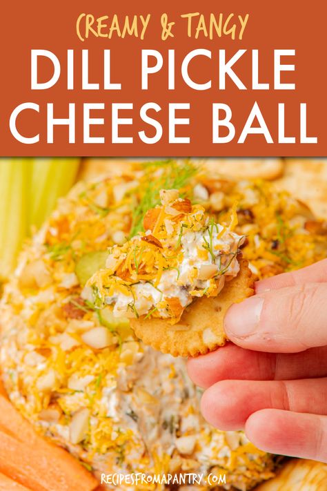 Obsessed with dill pickles? Then you’ll love this Dill Pickle Cheese Ball! It’s creamy, tangy, and packed with pickle flavor, making it the perfect appetizer for parties, game days, or any gathering. Quick to prep and can be made ahead, so you can spend more time with your guests. Serve it with crackers, pretzels, or veggie sticks for an irresistible snack everyone will enjoy. #DillPickle #CheeseBall #PartyFood #EasyAppetizer #GameDayEats #SnackIdeas #PickleLovers Pickle Snack Recipes, Pickle Hors D'oeuvres, Pickle Cheese Ball, Dill Pickle Cheese Ball, Egg Recipes For Lunch, Pickle Appetizers, Cheese Ball Recipes Easy, Weight Watchers Crock Pot Recipes, Veggie Sticks