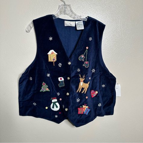 Casey & Max Navy Suede Nwt Christmas Embroidered Vest Size Xl Bust 22 1/2” Total Length 24” U25 Winter Embroidered Button-up Tops, Navy Button-up Winter Tops, Blue Velvet Vest, Navy Cotton Casual Sweater Vest, Grandpa Fits, Retro V-neck Winter Vest, Embroidered Vest, Life Size Cutouts, Poshmark Finds