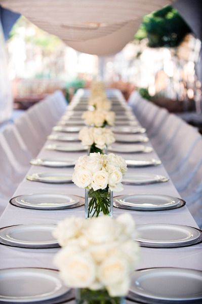 Centerpieces Long Tables, Wedding Centerpieces Long Tables, Watercolor Inn And Resort, White Rose Centerpieces, Long Table Wedding, Winter Wedding Table, Long Tables, Rose Centerpieces, Wedding Table Decorations