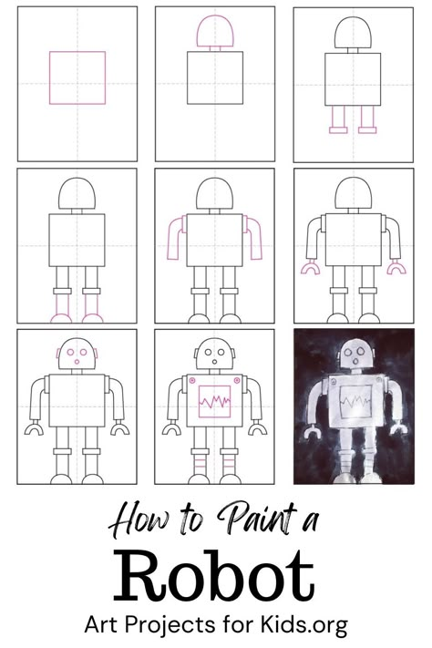 Learn how to draw and paint a Robot with an easy step-by-step PDF tutorial. #howtodraw #tutorial #drawing #drawingtutorial #arttutorial #artprojectsforkids #howtodrawforkids #robot How To Draw A Robot, How To Draw Robots, Robot Tutorial, Robot Coloring, Valentines Robots, Robot Drawing, The Wild Robot, Drawing Legs, Tutorial Drawing