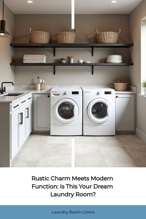 Modern farmhouse laundry room with gray walls and barn door Farm House Laundry Room, Warm Grey Walls, Modern Farmhouse Laundry Room, Laundry Room Colors, Beautiful Color Palettes, Dream Laundry Room, Farmhouse Laundry Room, Balanced Design, Gray Walls