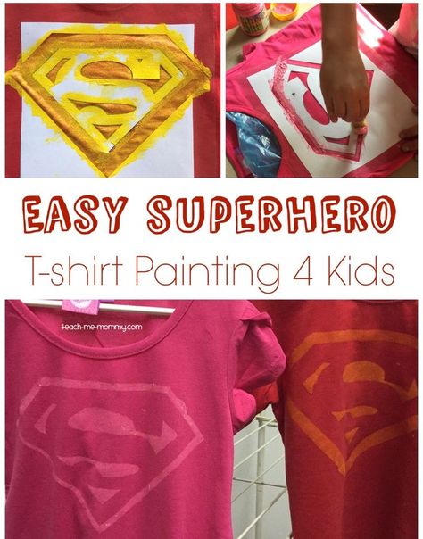 Easy Superhero T-Shirt Painting using a printed template and contact paper! Superhero Camp, Superhero Vbs, Superhero Tshirt, Hero Crafts, Funny Christmas Movies, Super Hero Shirts, Superhero Crafts, Shirt Painting, Superhero Masks