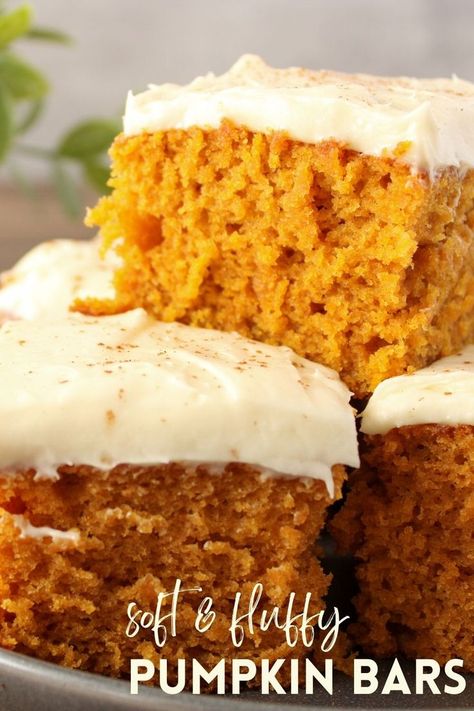 three pumpkin bars on a plate Pickle Rollups, Paula Deen Pumpkin Bars, Pumpkin Cream Cheese Bars, Easy Pumpkin Bars, Pumpkin Bars With Cream Cheese, Bars With Cream Cheese Frosting, Bars With Cream Cheese, Toffee Bark, Cream Cheese Frosting Cake