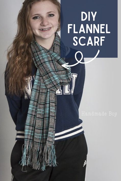 Hey, guys! It's Kelly from Handmade Boy and today I have for you a super quick, cheap DIY flannel scarf! Flannel Scarf Diy, Fleece Scarf Pattern, Scarf Sewing Pattern, Scarf Diy, Flannel Scarf, Fleece Projects, Flannel Scarves, Scarf Tutorial, Teachers Gifts