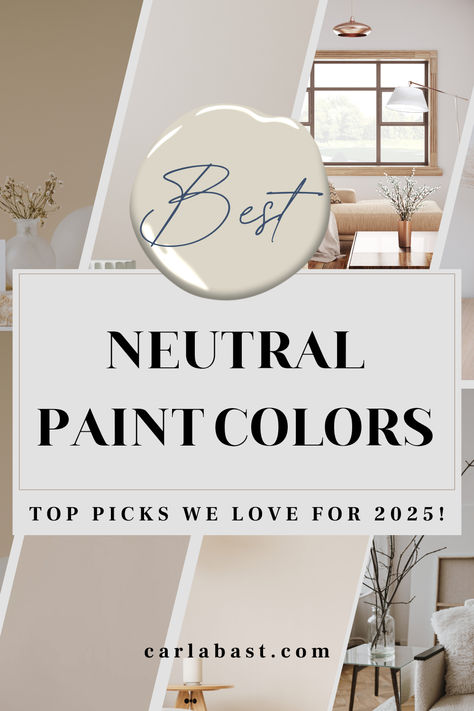 Discover the best neutral paint colors for 2025! Whether you love Sherwin Williams' warm neutrals or Benjamin Moore's inviting neutral shades, these whole house paint schemes, including beige and greige paint colors, will bring timeless style and comfort to your space. Sherwin Williams paint colors for your whole home and Benjamin Moore paint colors for your home. Behr Neutral Paint Colors, Neutral Bedroom Paint, Neutral Living Room Paint, Neutral Interior Paint Colors, Benjamin Moore Paint Colors, Warm Neutral Paint Colors, Nursery Paint Colors, Neutral Wall Colors, Top Paint Colors