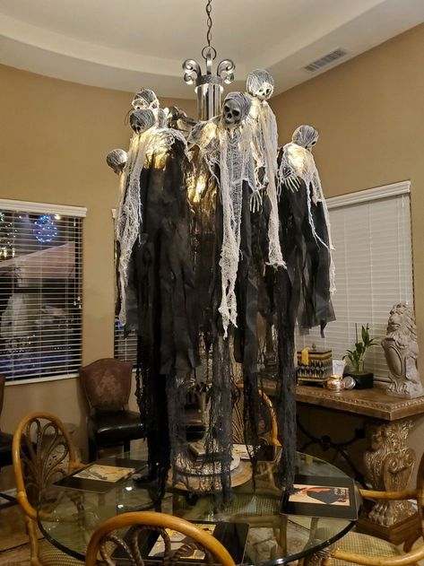 Halloween Chandelier Decor, Halloween Chandelier, Skeleton Decor, Dining Room Light Fixture, Skeleton Decorations, Kitchen Chandelier, Halloween Goodies, Halloween Haunt, My Kitchen