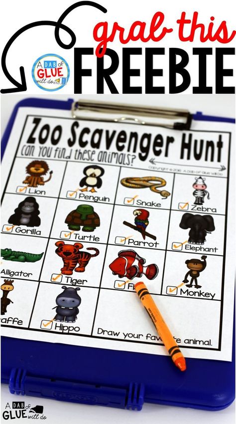 Zoo Scavenger Hunt FREEBIE - A Dab of Glue Will Do Zoo Games For Kids, Zoo Scavenger Hunt, Zoo Preschool, First Grade Freebies, Camp Projects, Zoo Activities, Kindergarten Freebies, Stay Busy, Scavenger Hunt For Kids