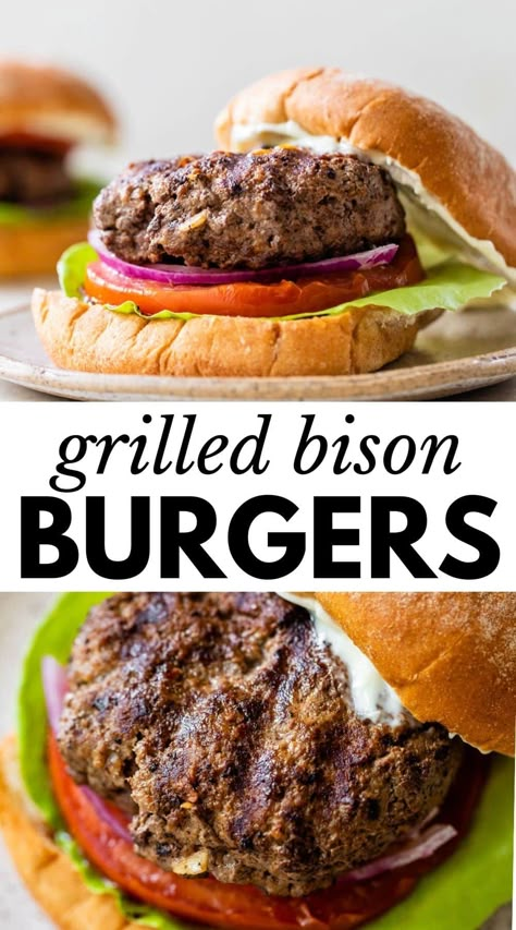 Bison Burger Patties, Buffalo Burgers Recipe, Bison Burgers Grilled, Homemade Bison Burgers, Bison Recipes Burger, Bison Burgers In Air Fryer, Ground Bison Burger Recipe, Buffalo Burger Recipe, Bison Burgers Recipe