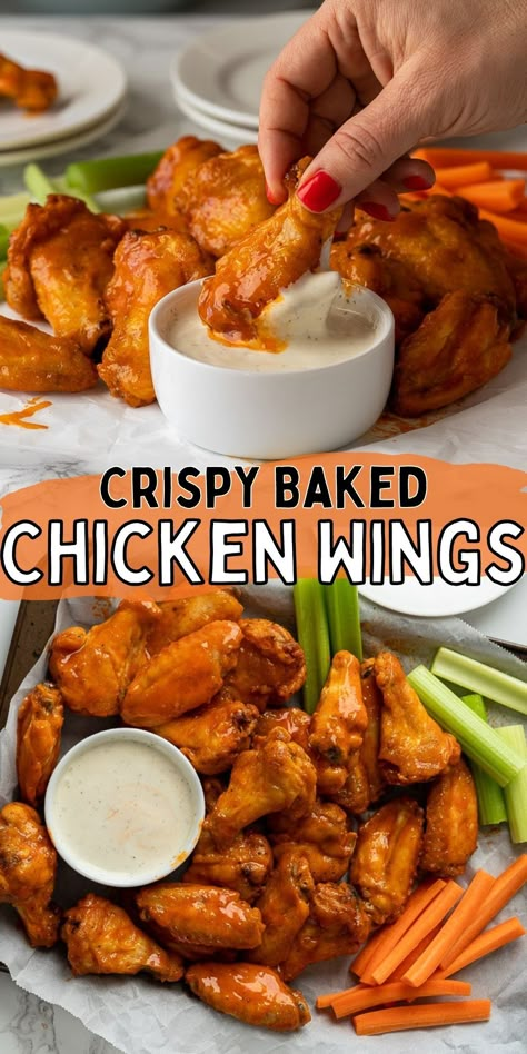 Buffalo Wings Sauce Recipe, Buffalo Wings Recipe Baked, Crispy Oven Baked Chicken Wings, Appetizer Chicken, Baked Hot Wings, Oven Baked Chicken Wings, Oven Chicken Wings, Wings Recipe Baked, Baked Buffalo Wings