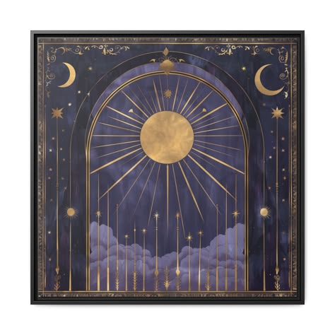 Enhance your space with the timeless elegance of our Celestial Art Deco Painting.  This exquisite piece features a stunning Art Deco style design, with an arch adorned with celestial motifs set against a rich midnight purple backdrop. Golden rays from the sun shine through the archway, casting a warm, ethereal glow that highlights the intricate details and elevates the composition. Available in nine different sizes, with custom dimensions available upon request, this artwork can be tailored to perfectly suit any space. The painting is printed on a premium matte canvas, crafted from a high-quality cotton and polyester composite with a special proprietary coating. This ensures the colors remain vibrant and the details exceptionally sharp, preserving the beauty of the celestial design. The ca Celestial Design Art, Celestial Folk Art, Celestial Interior Design, Zodiac Room Decor, Sun Canvas Painting, Celestial Ceiling, Celestial Painting, Celestial Bedroom, Lunar Art