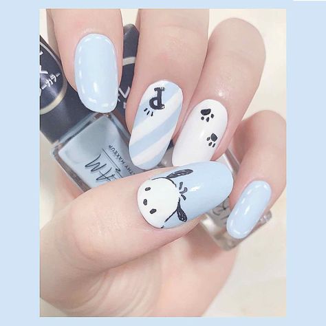 Sanrio Nail Art Pochacco, Pochacco Nail Art, Pochacco Nails, Pastel Nail Design, Cat Nail Designs, Kawaii Nail Art, Pastel Nails Designs, Bunny Nails, Asian Nails