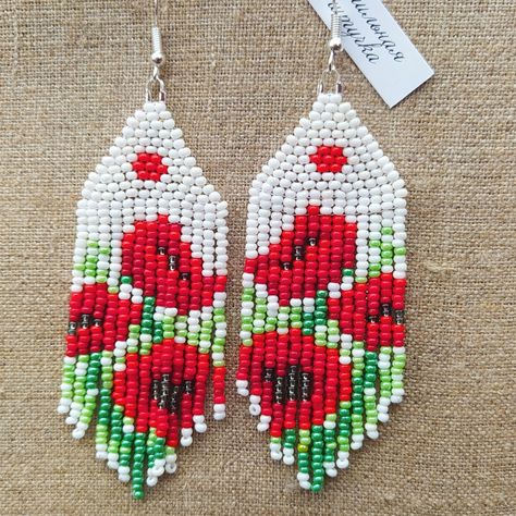 Poppy Earrings, Diy Seed Bead Earrings, Beaded Earrings Diy, Native American Beaded Earrings, Brick Stitch Earrings, Seed Bead Patterns, Bead Weaving Patterns, Native American Beading, Beaded Jewelry Patterns