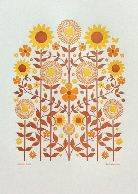 70s Art, Sunny Garden, Sunflower Quilts, Sunflowers And Daisies, Type Illustration, Dot Journals, Tattoo Illustration, Sunflower Art, Folk Art Painting