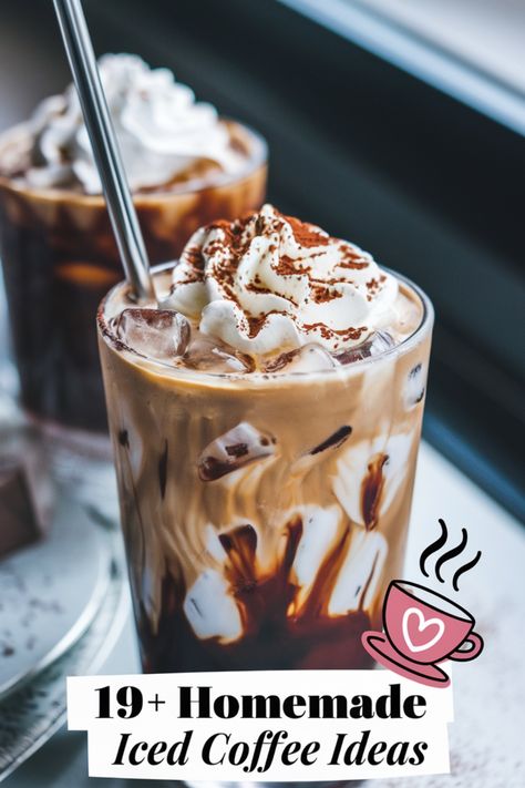 Iced coffee with whipped cream and chocolate drizzle, with text "19+ Homemade Iced Coffee Ideas". How To Make Iced Coffee At Home, Iced Coffee Ideas, Diy Iced Coffee Recipes, Ice Coffee At Home, Coffee Recipes At Home, Diy Iced Coffee, Unique Ice Cream Flavors, Affogato Coffee, Homemade Iced Coffee