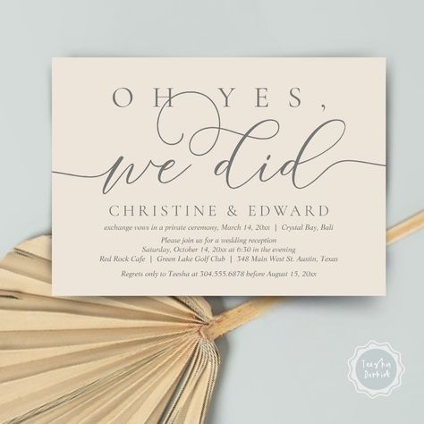 Oh Yes, We Did, Wedding Elopement Romantic Dinner  Invitation Elopement Celebration Parties, Elopement Cards, After Party Wedding, Elopement Celebration, Happily Ever After Party, Ever After Party, Elopement Party, Dinner Invitation, Romantic Dinner