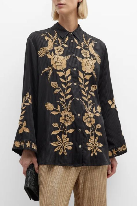 T49QR Johnny Was Martina Floral-Embroidered Stripe Jacquard Collared shirt Designer Clothing Brands, Jacquard Shirt, Embroidery Suits Design, Kimono Sleeves, Designer Tops, Shirt Embroidery, Long Kimono, Embroidery Suits, Embroidery Fashion