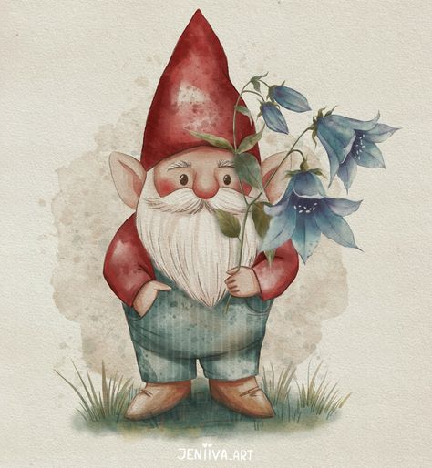 Procreate watercolor illustration. Watch the drawing process in my tell. Gnome Illustration and Procreate Brush set available in my Etsy shop. Gnomes Aesthetic, Gnome Drawing Illustration, Garden Gnome Drawing, Cute Gnome Drawing, Gnome Drawing, Gnome Illustration, Gnome Watercolor, Procreate Watercolor, Drawing Process