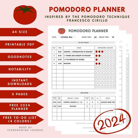 2024 POMODORO PLANNER + FREE MONTHLY PLANNER + FREE TO-DO LIST Pomodoro Planner, Free Monthly Planner, Free To Do List, The Pomodoro Technique, Free Planner Templates, Undated Monthly Planner, Monthly Planner Template, 2024 Planner, Pomodoro Technique