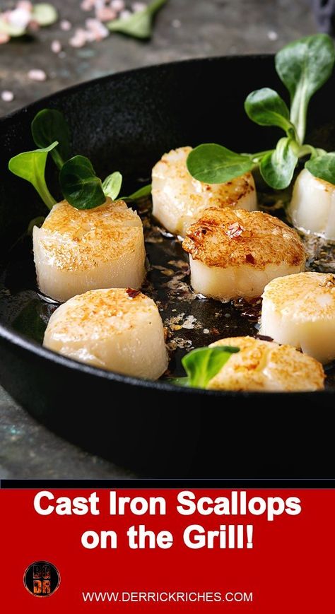 Cast Iron Scallops on the Grill - The best part about these Cast Iron Scallops on the Grill is that they can be cooked on your grill, oven, or stovetop. via @derrickriches Scallops On The Grill, Butter Scallops Recipe, Garlic Butter Scallops Recipe, Garlic Butter Scallops, Best Scallop Recipe, Butter Scallops, Frozen Scallops, Fresh Scallops, Scallops Recipe