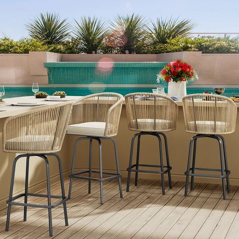 Moasis 4-Piece Patio Woven Swivel Bar Stools - Bed Bath & Beyond - 40378092 Waterfall House, Bar Height Stools, Indoor Patio, Outdoor Bar Stools, Outdoor Dining Furniture, Counter Bar Stools, Swivel Bar Stools, Dining Room Bar, Outdoor Bar