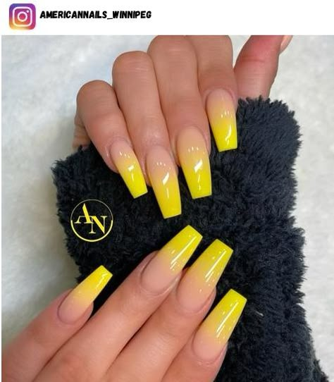 Nail Inspo Summer Yellow, Color Ombre Acrylic Nails, Yellow Nails 2023, Yellow Ombré Nails, Gel Nails Yellow, Yellow And White Ombre Nails, Ombre Nails Yellow, Yellow And Pink Ombre Nails, Yellow Ombre Nails Short