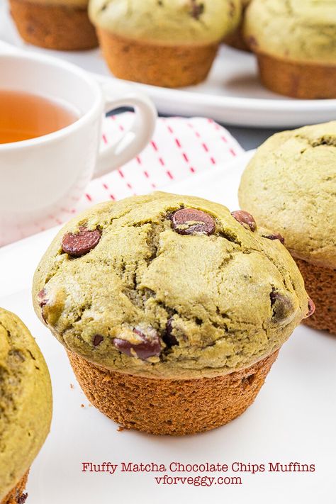 Chocolate Chips Muffins, Matcha Breakfast, Matcha Muffins, Homemade Soy Milk, Muffins With Chocolate Chips, Muffins With Chocolate, Matcha White Chocolate, Chocolate Chip Muffin Recipe, Bright Green Color