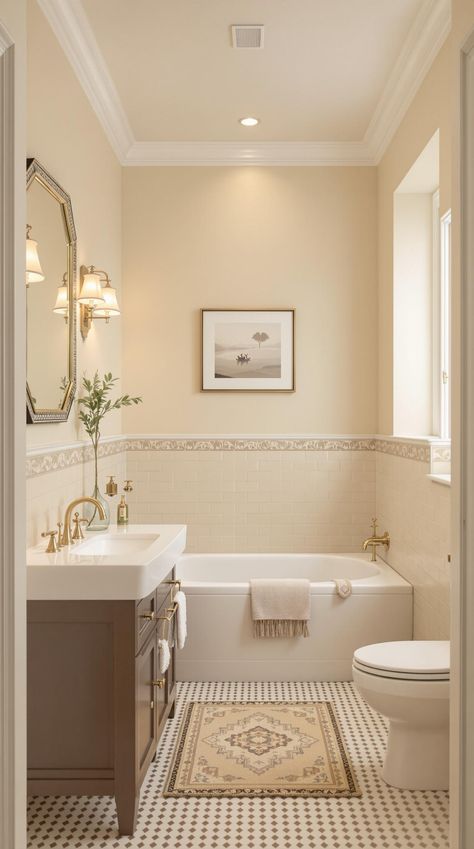 Neutral Bathroom Decor Ideas Neutral Colour Bathroom, Tan Bathroom Cabinets, Beige Gold Bathroom, Beige Toilet Bathroom Ideas, Cream Color Bathroom, Bathroom Ideas Neutral Colors, Cream And White Bathroom, Cream Color Aesthetic, Cream And Brown Bathroom