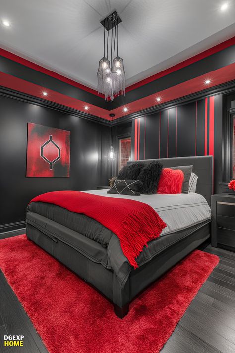 Modern red and black bedroom with bold stripes and unique lighting. Red Black Bedrooms, Black Modern Bedroom, Simple Room Decoration, Red Bedroom Decor, Black Bedroom Design, Black Bedroom Decor, Sophisticated Bedroom, Black Bedroom, Simple Room