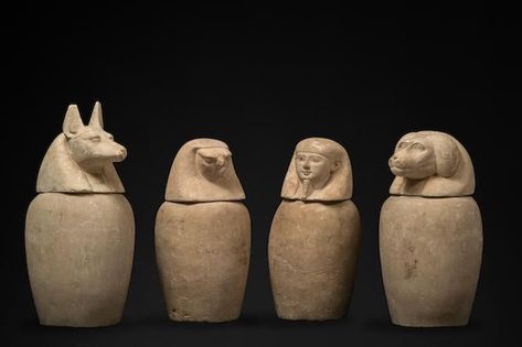 Egyptian limestone canopic jars Third Intermediate Period, circa 1069-664 B.C. Sold for £ 47,562 Egyptian Canopic Jars, Ancient Egypt Projects, Egypt Project, Canopic Jars, Rounded Shoulders, Doll Museum, Ancient Egypt History, Sons Of Horus, Ancient Pottery