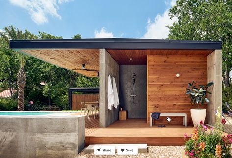 Modern Pool Cabana, Pool Cabana Ideas, Small Pool House, Backyard Pool House, Pool House Cabana, Pool House Design, Modern Pool House, Contemporary Deck, Modern Gazebo