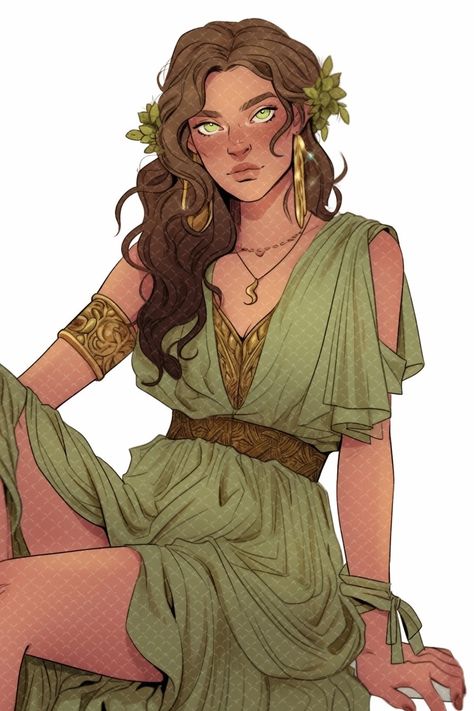 Athena Goddess Fanart, Greek Dnd Art, Greek Woman Clothing, Greek Goddess Character Design, Greek Women Clothing, Black Character Female, Greek Dress Drawing, Tan Skin Character Design, Roman Character Art